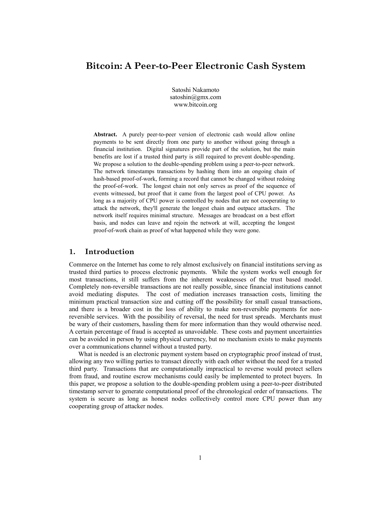 Title page of the Bitcoin whitepaper: 'Bitcoin: A Peer-to-Peer Electronic Cash System' by Satoshi Nakamoto, with its abstract.