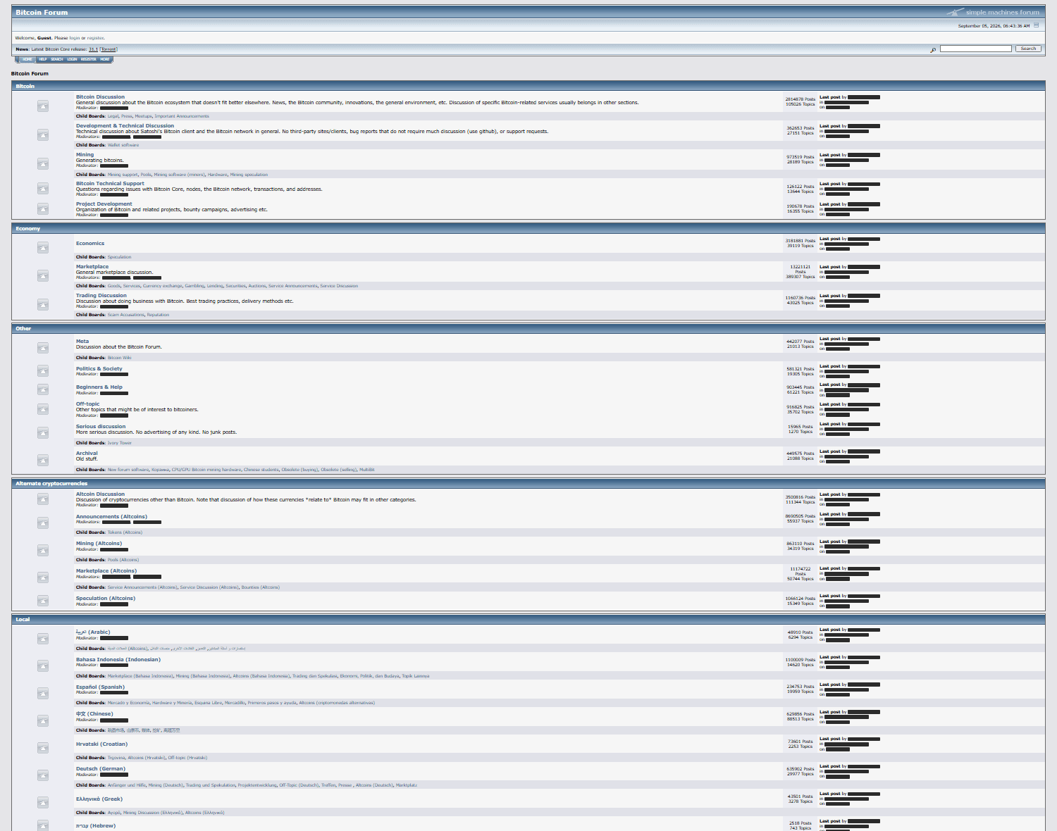 The full Bitcointalk board index zoomed out, showing the five category bars: Bitcoin, Economy, Other, Alternate cryptocurrencies, and Local.