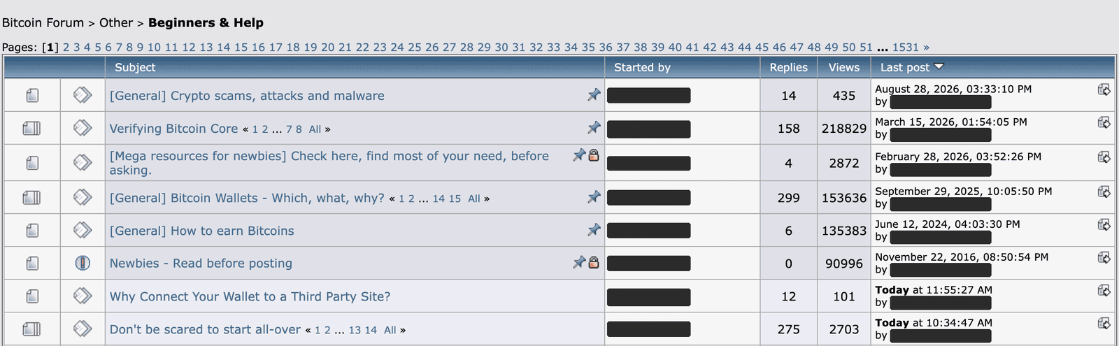The Beginners & Help thread list: six stickied threads, each with a pin icon and two also locked, sit above ordinary topics such as 'Why Connect Your Wallet to a Third Party Site?'.