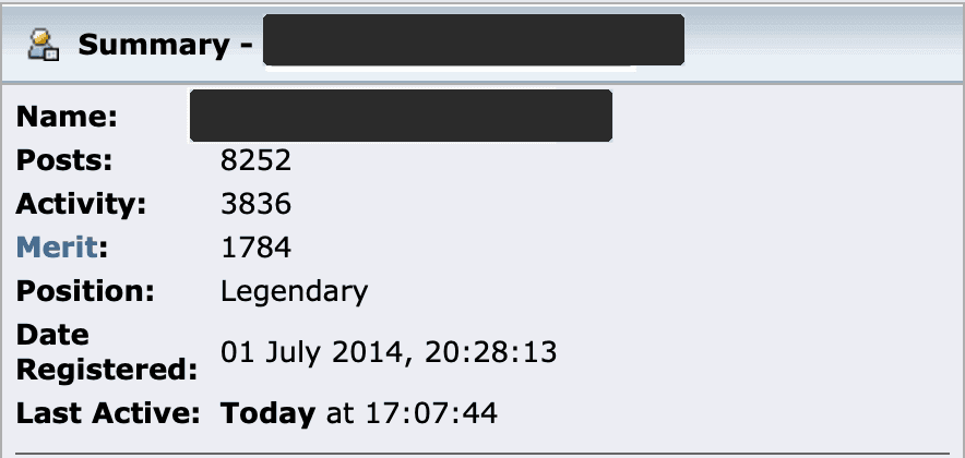 The Summary page of the Academy operator's own profile: Posts 8252, Activity 3836, Merit 1784, Position Legendary, Date Registered 01 July 2014, and Last Active, with the username redacted.