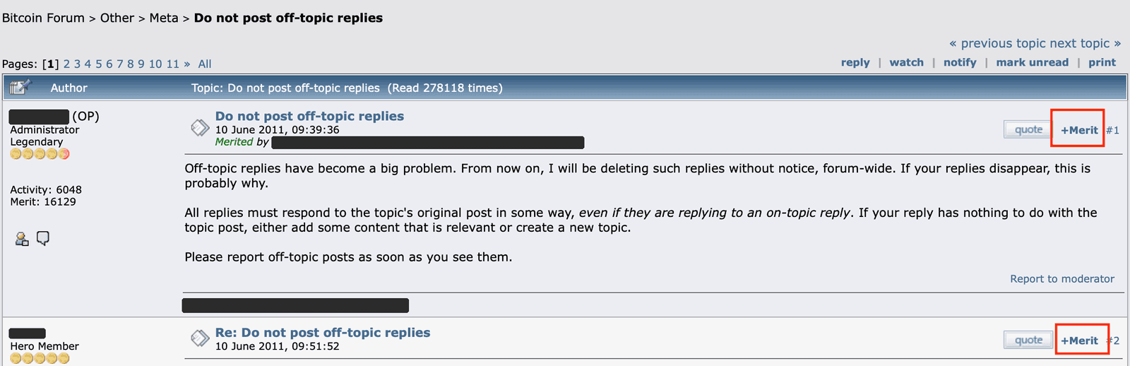 The opening post and first reply of the Meta thread 'Do not post off-topic replies', with the +Merit link beside the quote button at the top right of each post outlined in red.