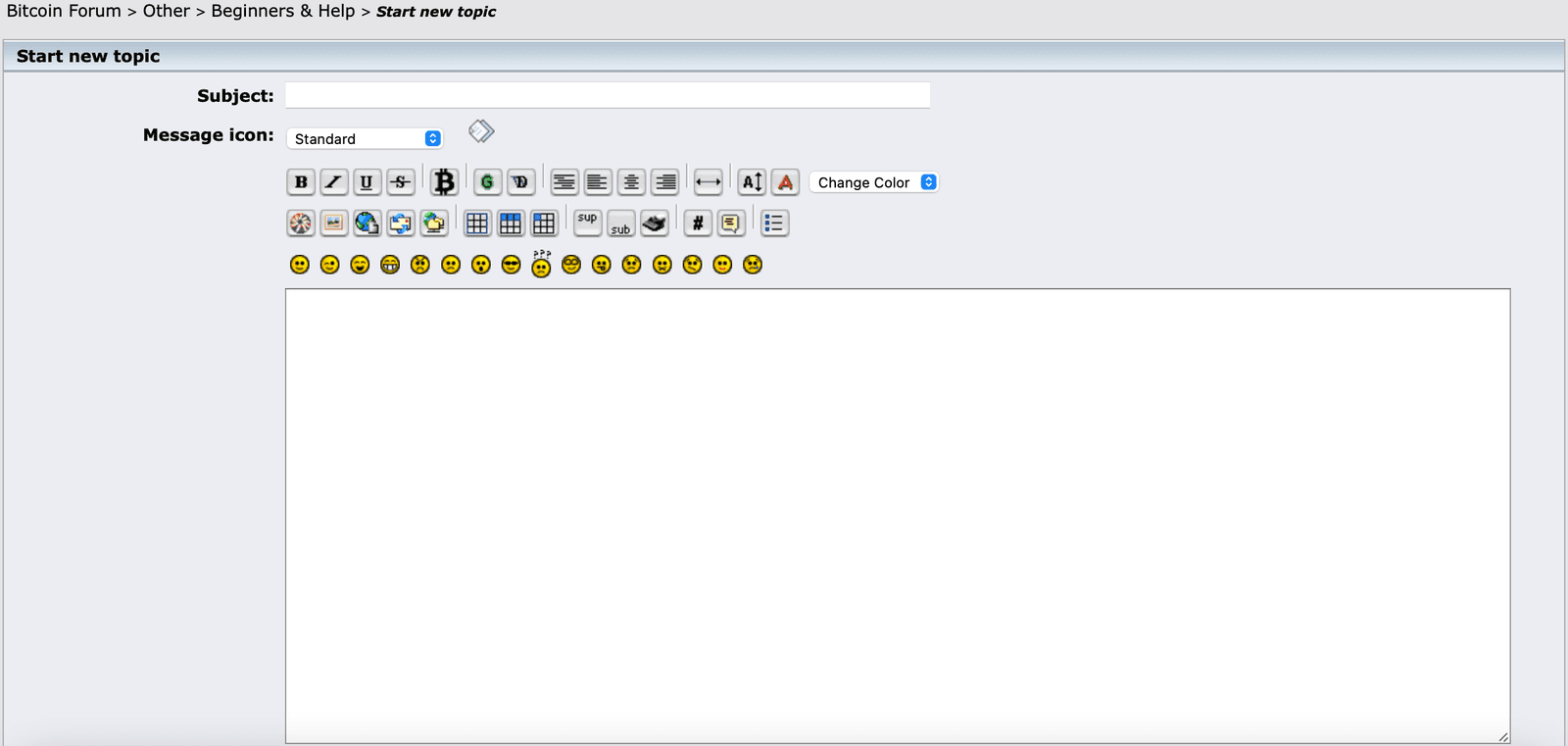Bitcointalk's Start new topic form in Beginners & Help: the Subject field, a Message icon menu, two rows of BBCode formatting buttons, a row of smileys, and an empty message box.