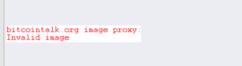 A post area where an embedded picture should be, showing instead the image proxy's red error text: 'bitcointalk.org image proxy: Invalid image'.