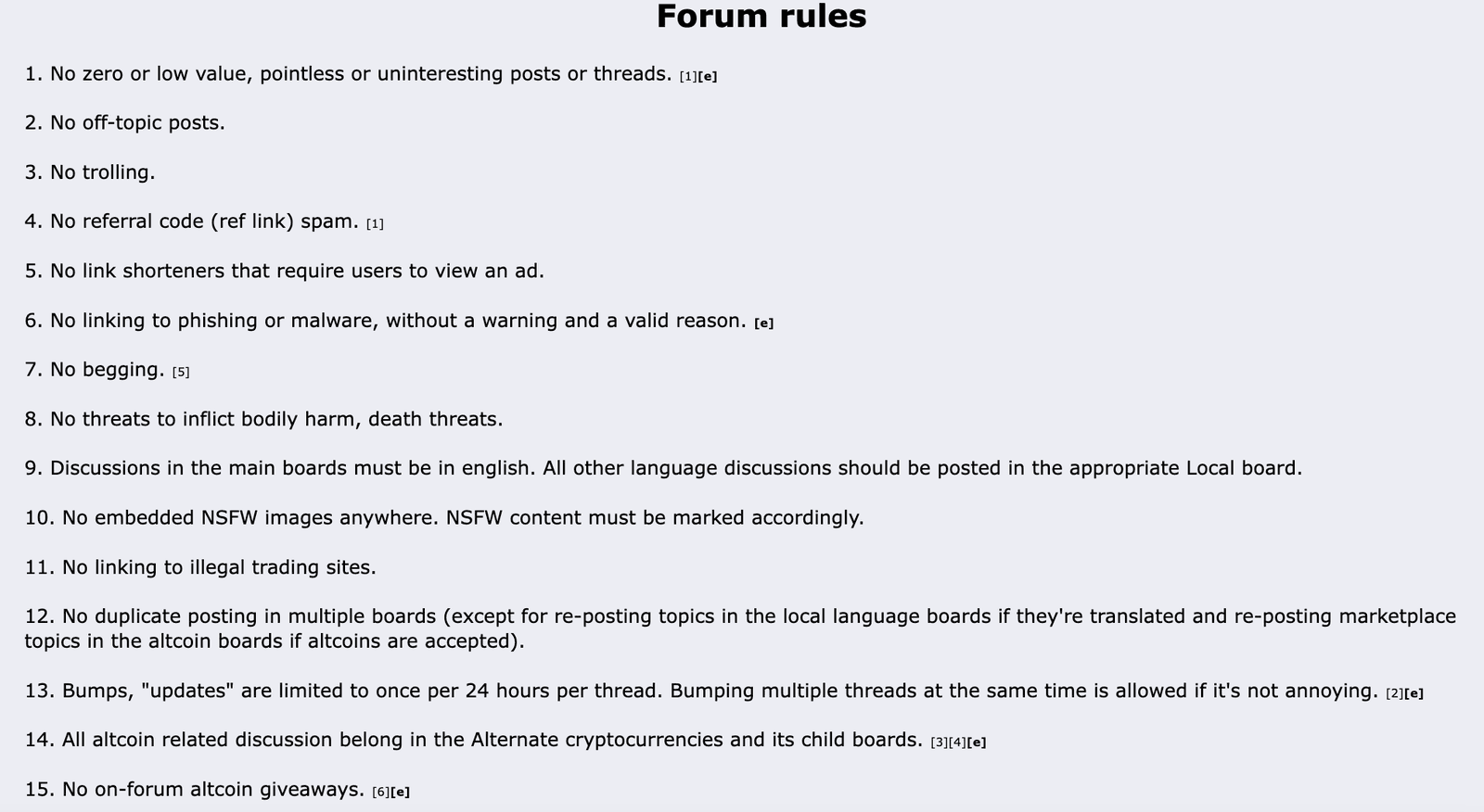 The 'Forum rules' section of the rules compilation thread: numbered rules 1 to 15, from no low-value or off-topic posts, through the once-per-24-hours bump limit, to no on-forum altcoin giveaways.