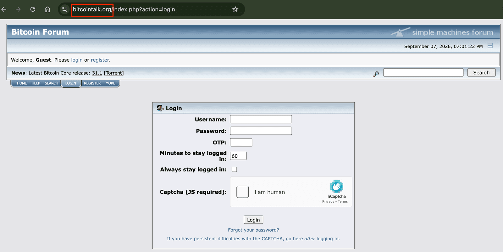Bitcointalk's login page with the browser address bar above it; the bitcointalk.org domain in the address bar is outlined in red, and the Username, Password and OTP fields are empty.