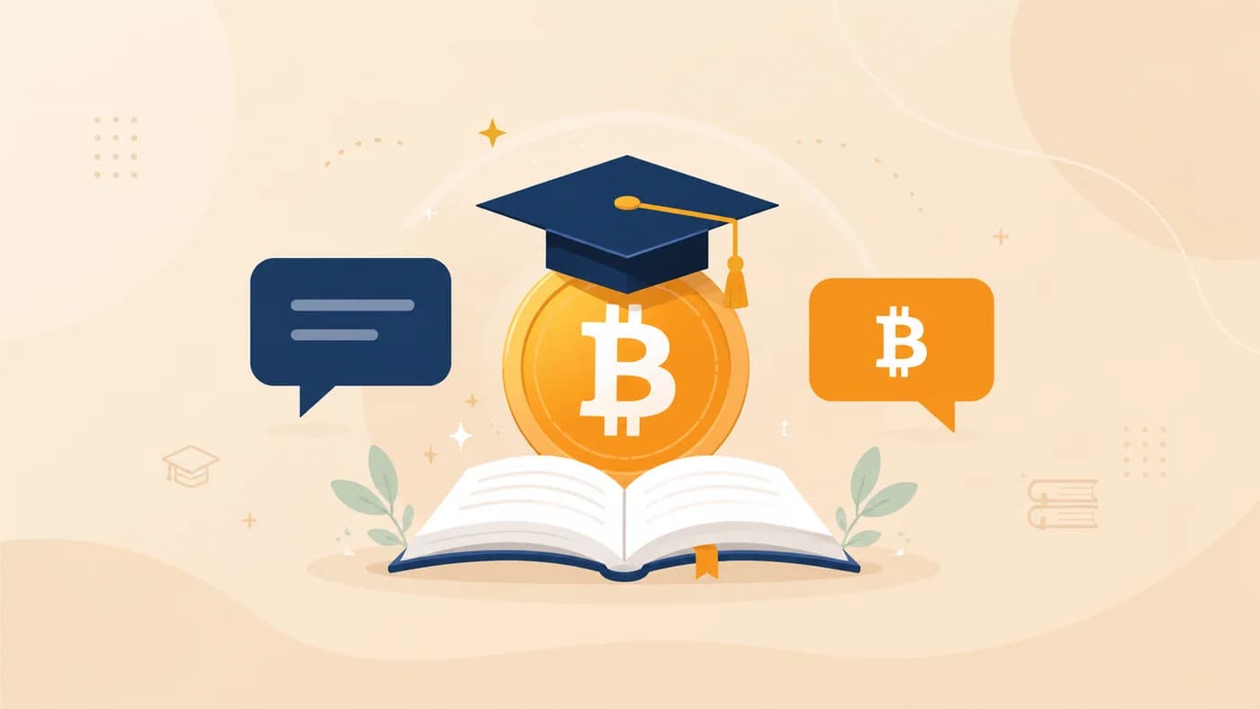 Illustration: a Bitcoin coin in a graduation cap rising from an open book, flanked by two chat bubbles — learning Bitcoin through forum conversation.