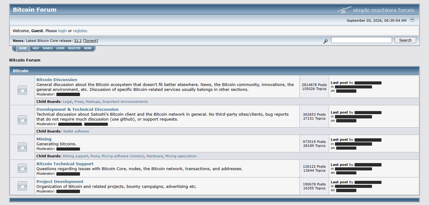 Top of the Bitcointalk board index: plain text-focused header and the Bitcoin category listing its boards, in the forum's minimal 2009-era design.