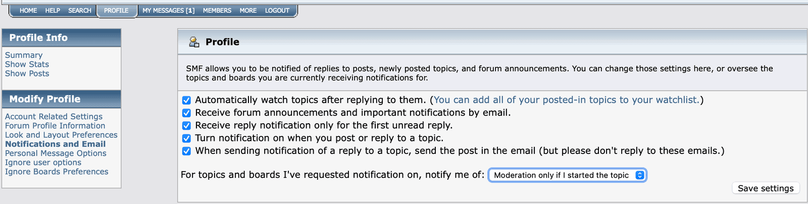 The Notifications and Email settings page: checkboxes to auto-watch topics you reply to, get announcements and reply notifications by email, and include the post in the email, plus a 'notify me of' menu and Save settings.